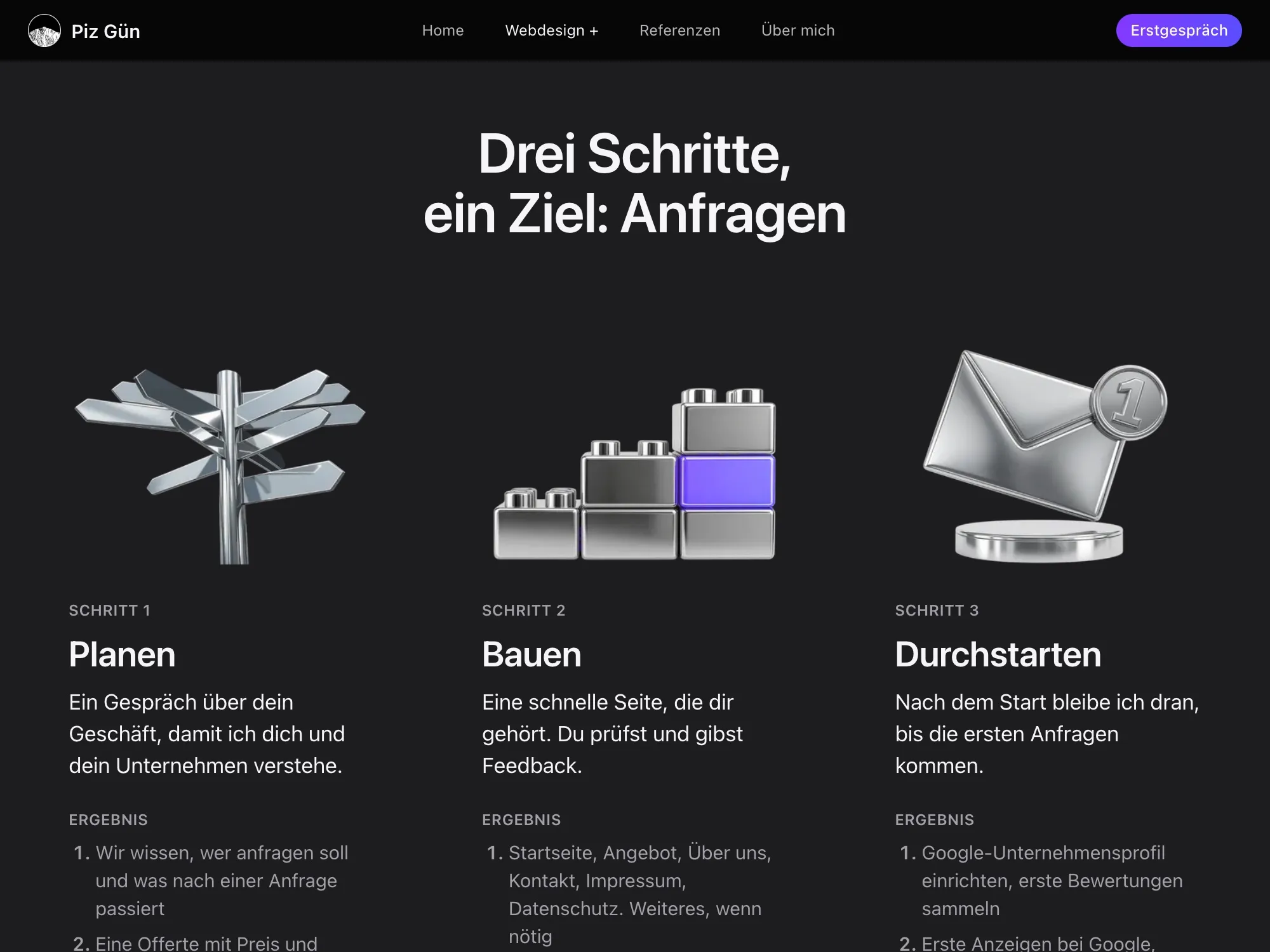 Angebotsseite mit den drei Schritten